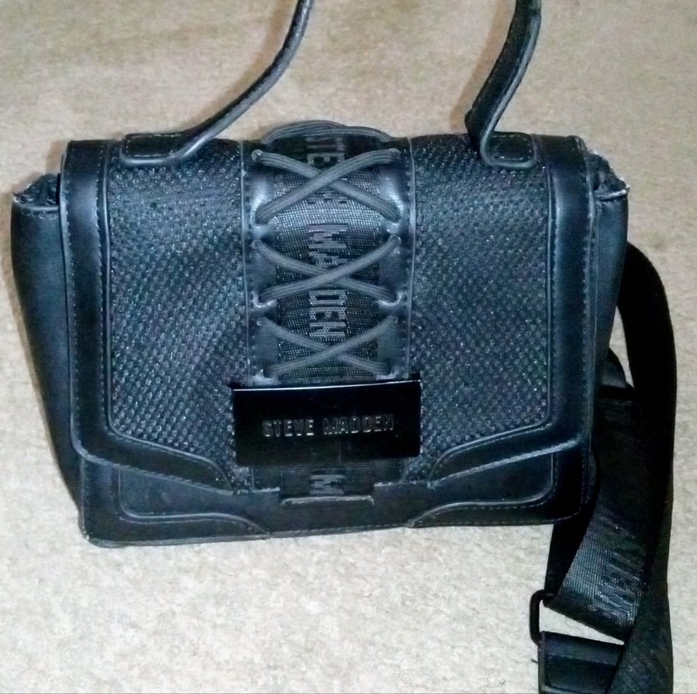Steve Madden Black Faux‑Leather Crossbody Handbag w/ Carrying Strap